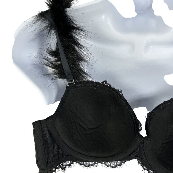 Victorias Secret NWT Demi Bra 32D Black Faux Fur & Solid Straps Sexy Coquette - Picture 6 of 14